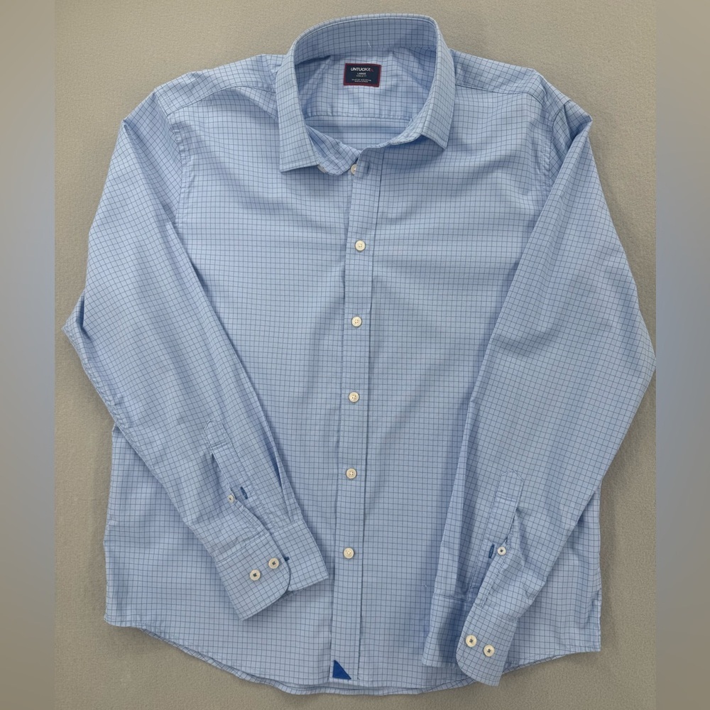 Untuckit Men’s Performance Stretch  Regular Fit Blue Check Button Down Size L